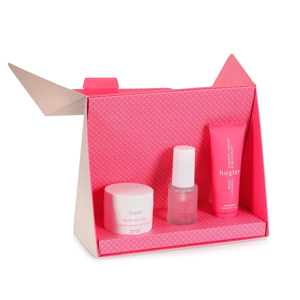 Huxter - Travel Pamper Trio Gift Box - R'Berry Xmas Sparkles - Perfume Body Mist/Body Butter/Body Cleanser - Juniper, Lemon & Bergamot