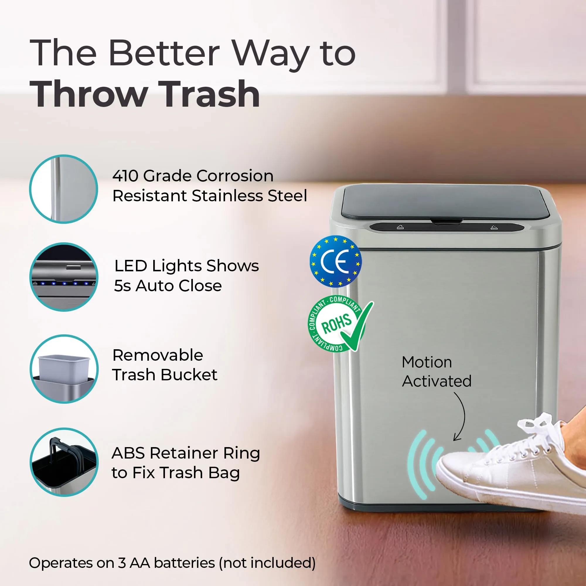 The Better Home Dustbin 13L Stainless Steel Dustbin With Lid | (42cm) Automatic Dustbin For Kitchen | Dustbin For Bathroom | Soft Close Lid | Dustbin For Bedroom With PP Inner Bucket | Silver
