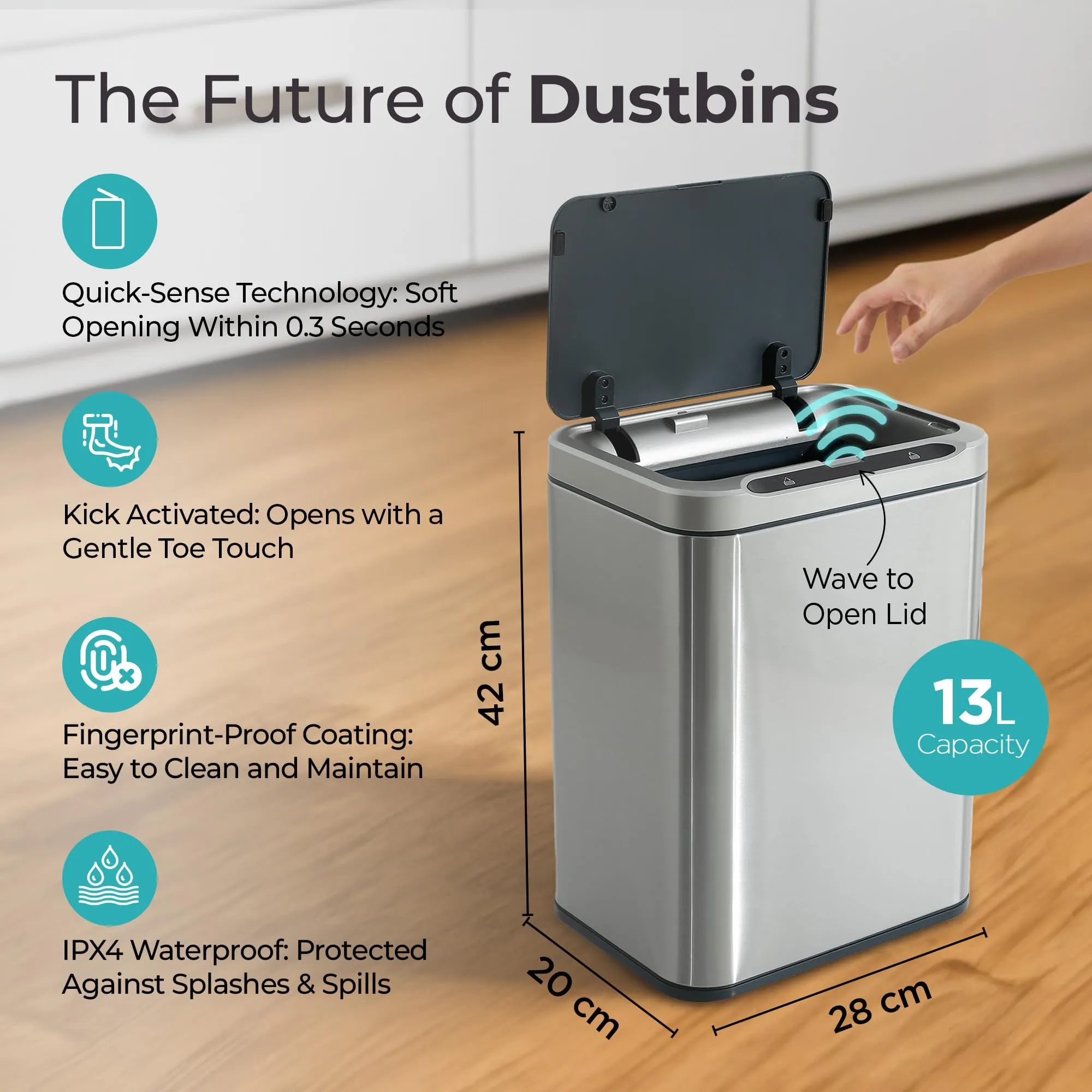 The Better Home Dustbin 13L Stainless Steel Dustbin With Lid | (42cm) Automatic Dustbin For Kitchen | Dustbin For Bathroom | Soft Close Lid | Dustbin For Bedroom With PP Inner Bucket | Silver