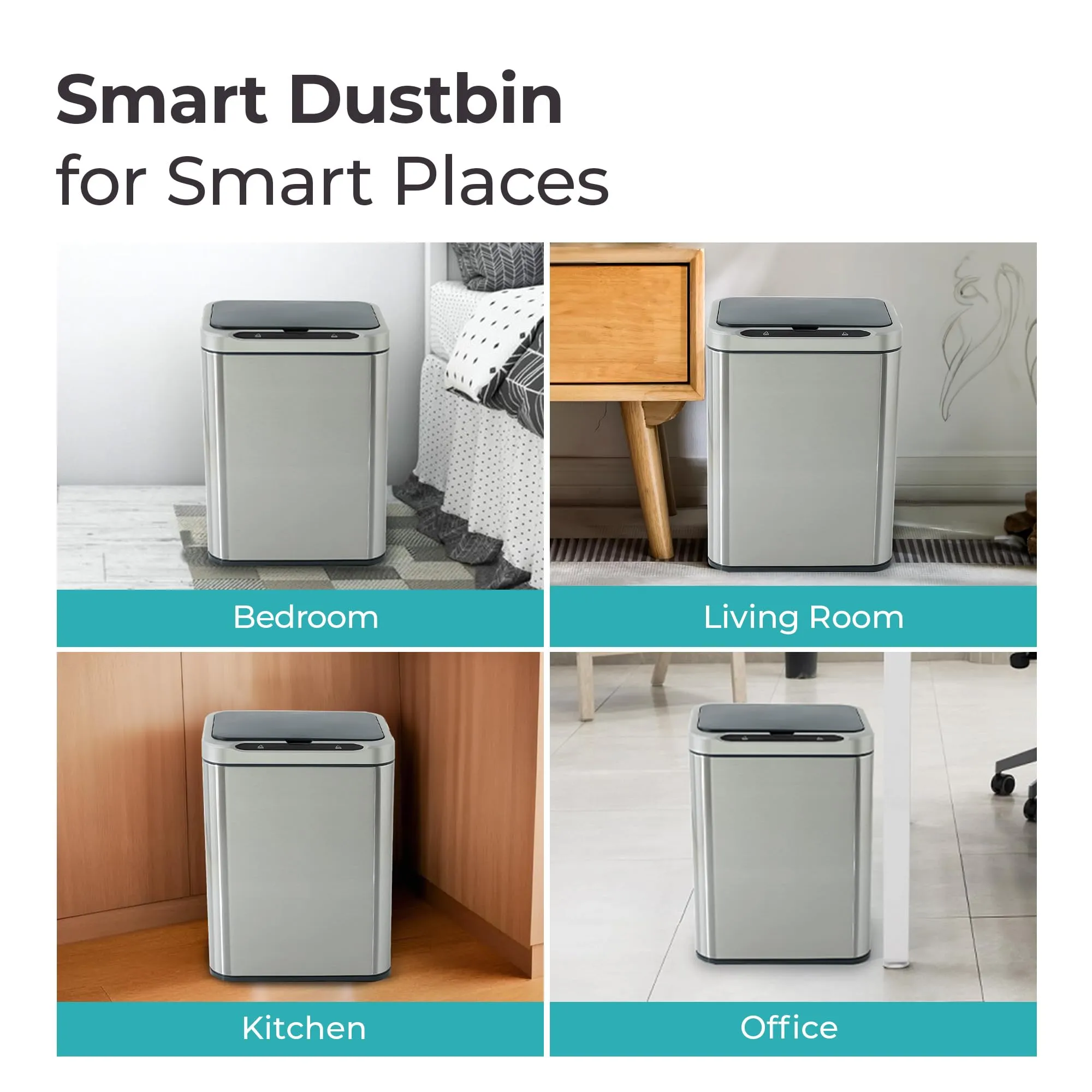 The Better Home Dustbin 13L Stainless Steel Dustbin With Lid | (42cm) Automatic Dustbin For Kitchen | Dustbin For Bathroom | Soft Close Lid | Dustbin For Bedroom With PP Inner Bucket | Silver